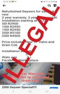 Illegal non-compliant refurbished geysers for sale. All images supplied by IOPSA